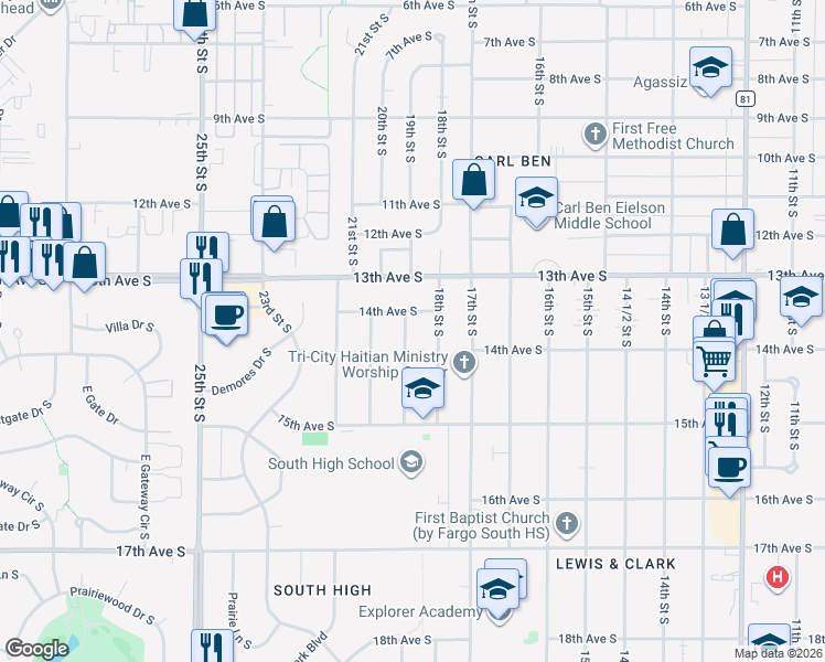 map of restaurants, bars, coffee shops, grocery stores, and more near 1410 19th Street South in Fargo