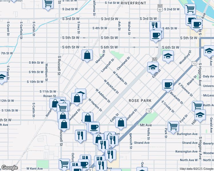 map of restaurants, bars, coffee shops, grocery stores, and more near 818 Cleveland St in Missoula