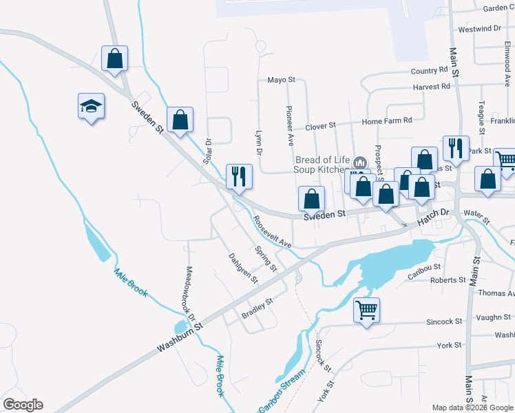 map of restaurants, bars, coffee shops, grocery stores, and more near 234 Sweden St in Caribou