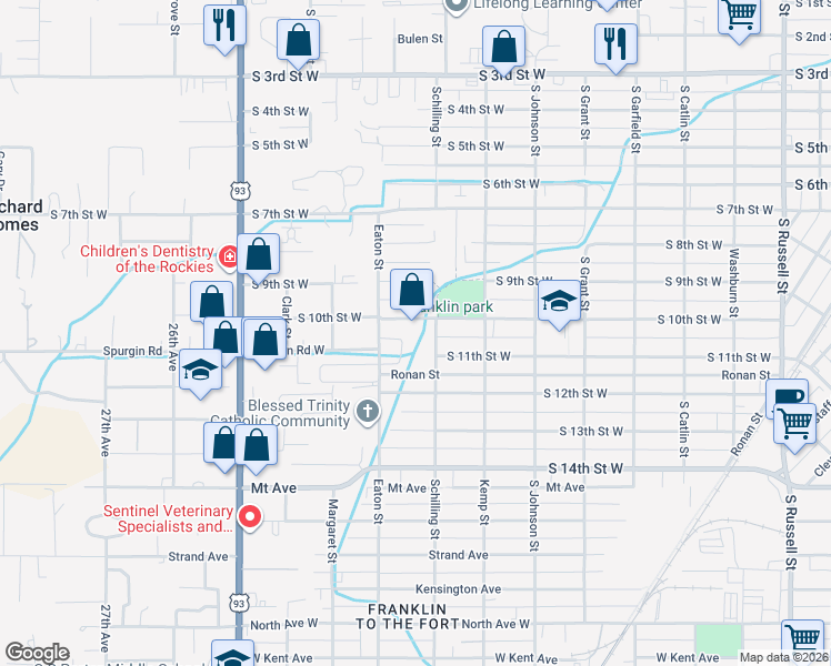 map of restaurants, bars, coffee shops, grocery stores, and more near 2211 South 10th Street West in Missoula