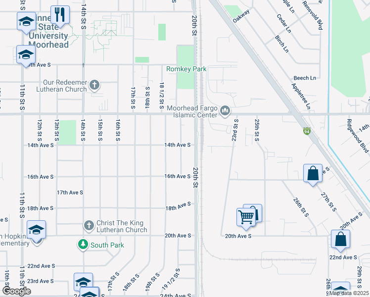 map of restaurants, bars, coffee shops, grocery stores, and more near 1915 14th Avenue South in Moorhead