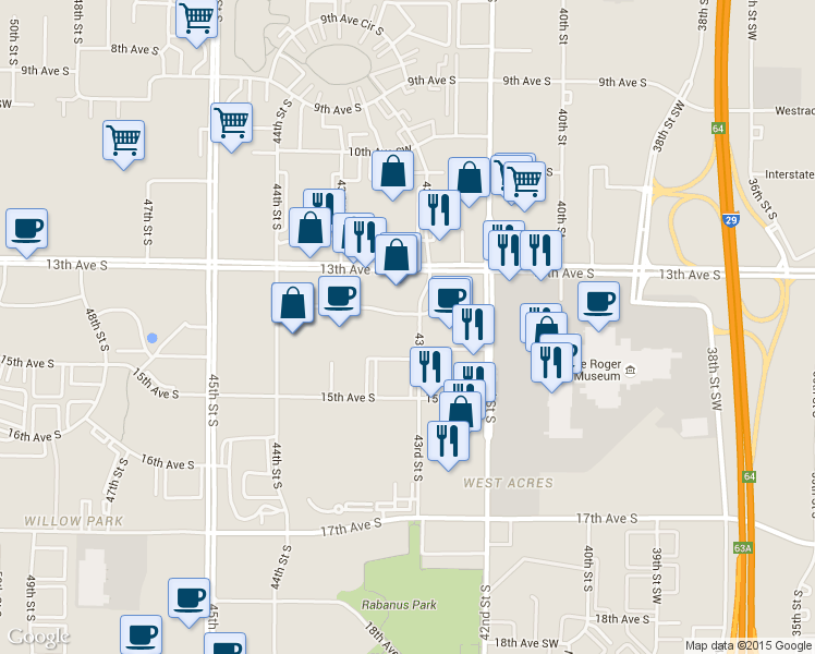 map of restaurants, bars, coffee shops, grocery stores, and more near 4302 13 1/2 Avenue South in Fargo