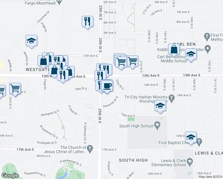 map of restaurants, bars, coffee shops, grocery stores, and more near 1325 23rd Street South in Fargo