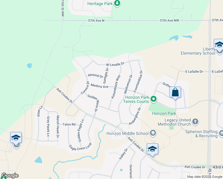 map of restaurants, bars, coffee shops, grocery stores, and more near 4904 Autumn Blaze Way in Bismarck