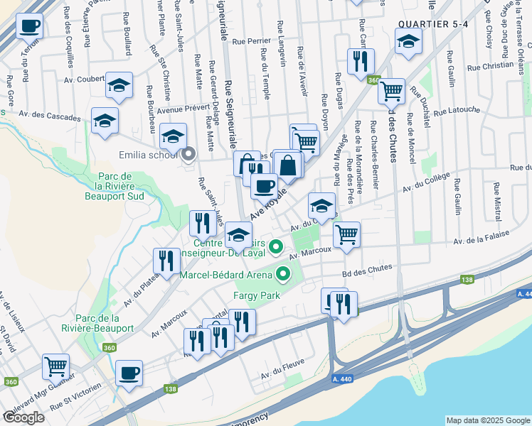 map of restaurants, bars, coffee shops, grocery stores, and more near 666 Avenue Royale in Québec City