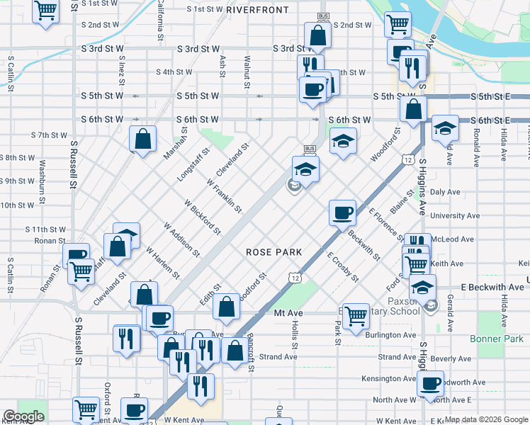 map of restaurants, bars, coffee shops, grocery stores, and more near 636 Stephens Ave in Missoula