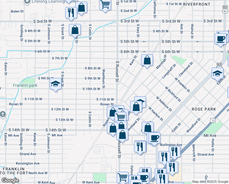 map of restaurants, bars, coffee shops, grocery stores, and more near 1523 South 10th Street West in Missoula