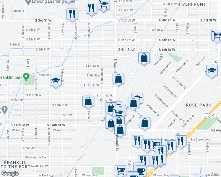 map of restaurants, bars, coffee shops, grocery stores, and more near 1523 South 10th Street West in Missoula