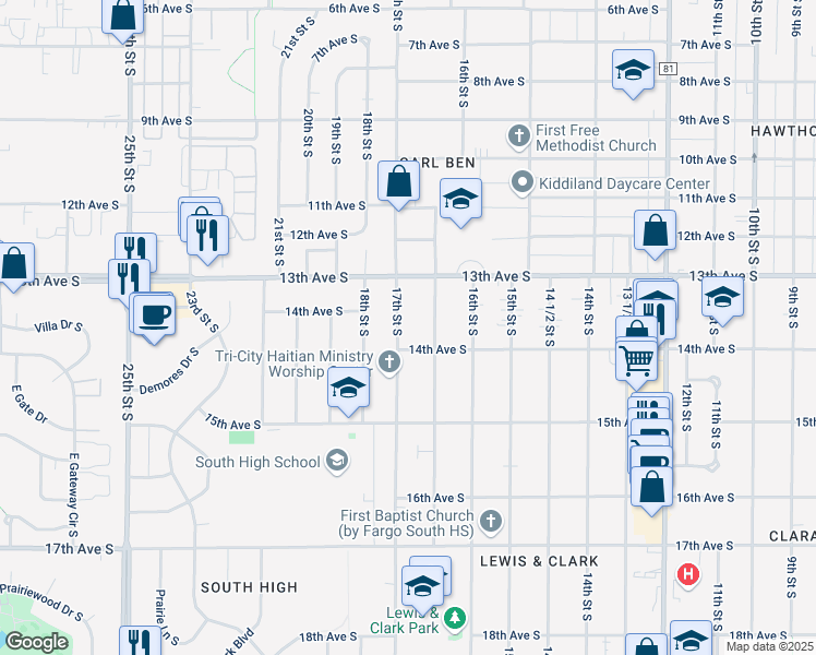 map of restaurants, bars, coffee shops, grocery stores, and more near 1342 17th Street South in Fargo