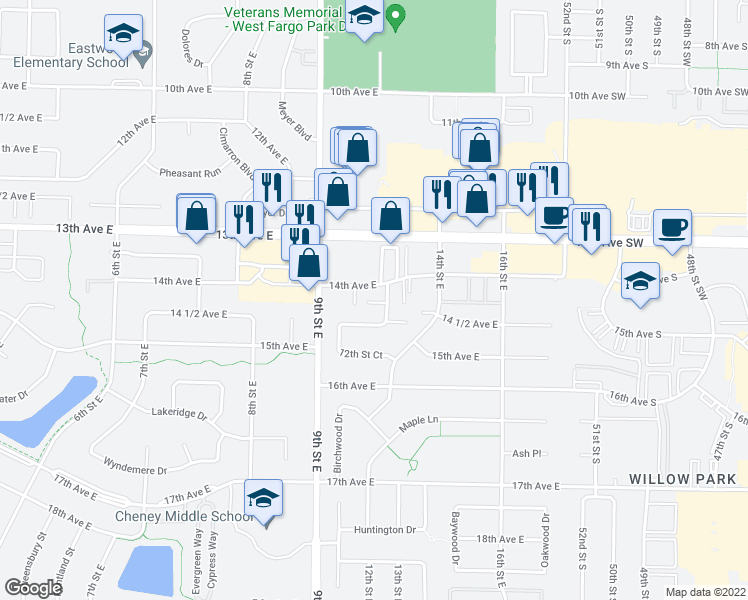 map of restaurants, bars, coffee shops, grocery stores, and more near 1410 12th Street Court in West Fargo