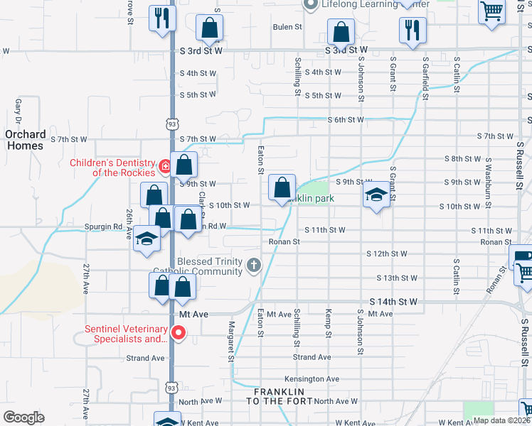 map of restaurants, bars, coffee shops, grocery stores, and more near 1231 Eaton Street in Missoula