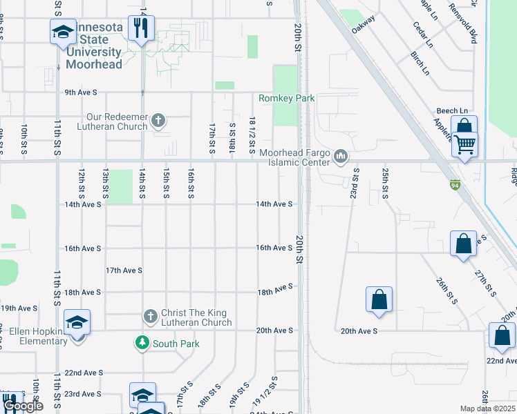 map of restaurants, bars, coffee shops, grocery stores, and more near 1406 19th Street South in Moorhead
