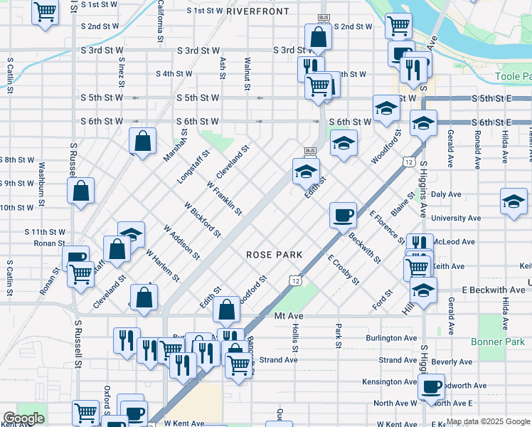 map of restaurants, bars, coffee shops, grocery stores, and more near 636 Stephens Ave in Missoula