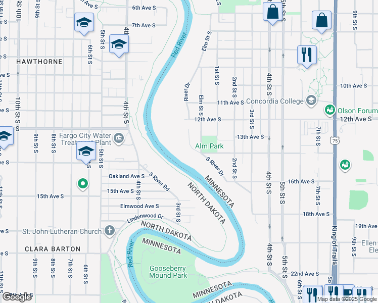 map of restaurants, bars, coffee shops, grocery stores, and more near 1323 South River Drive in Moorhead