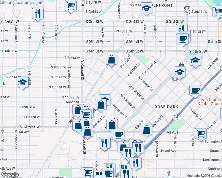 map of restaurants, bars, coffee shops, grocery stores, and more near 923 Longstaff Street in Missoula