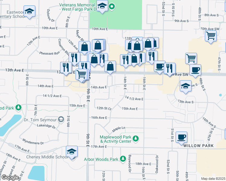 map of restaurants, bars, coffee shops, grocery stores, and more near 1224 Cedar Way in West Fargo