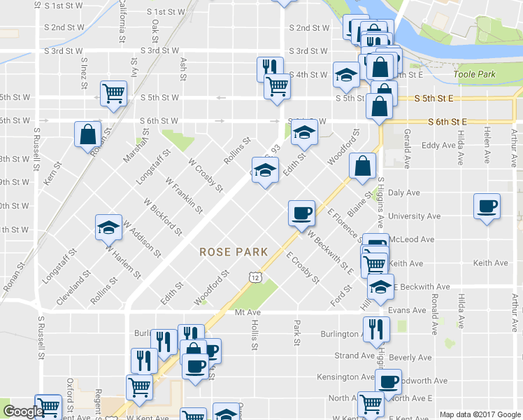 map of restaurants, bars, coffee shops, grocery stores, and more near 524 Edith Street in Missoula
