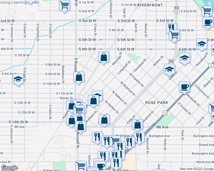 map of restaurants, bars, coffee shops, grocery stores, and more near 398 West Addison Street in Missoula