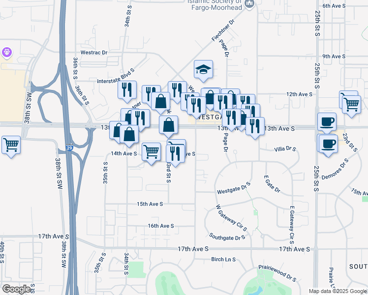 map of restaurants, bars, coffee shops, grocery stores, and more near 3299 14th Avenue South in Fargo