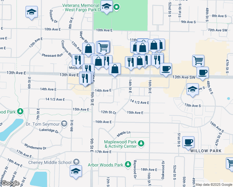map of restaurants, bars, coffee shops, grocery stores, and more near 1401 12th Street East in West Fargo