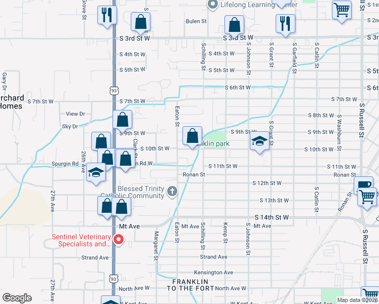 map of restaurants, bars, coffee shops, grocery stores, and more near 2221 South 10th Street West in Missoula