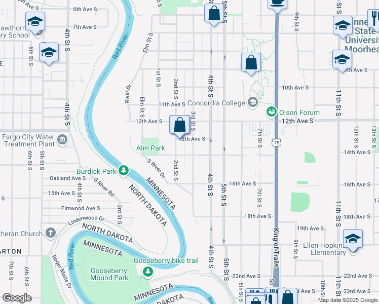 map of restaurants, bars, coffee shops, grocery stores, and more near 1403 3rd Street South in Moorhead