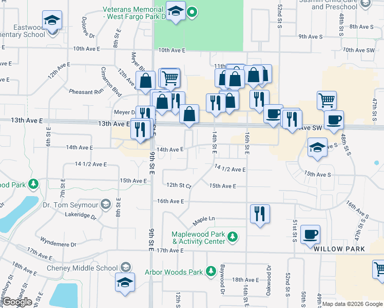 map of restaurants, bars, coffee shops, grocery stores, and more near 1401 12th Street East in West Fargo