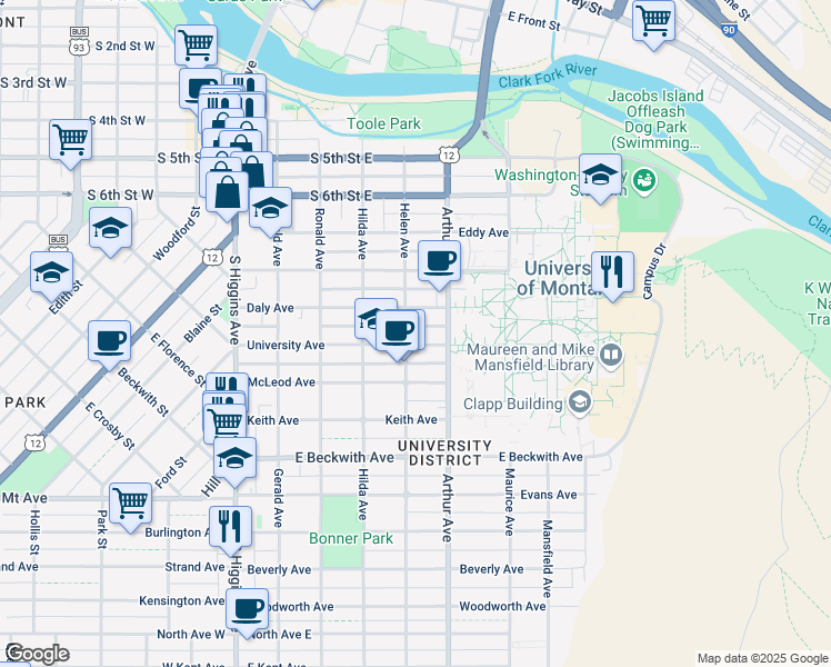 map of restaurants, bars, coffee shops, grocery stores, and more near 1125 Helen Avenue in Missoula