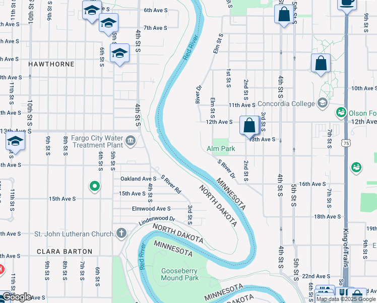 map of restaurants, bars, coffee shops, grocery stores, and more near 1323 South River Drive in Moorhead