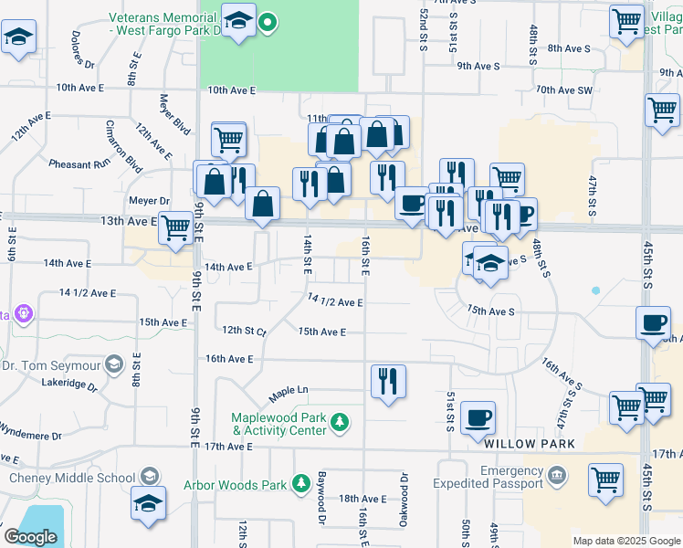map of restaurants, bars, coffee shops, grocery stores, and more near 1506 14 1/2 Avenue East in West Fargo
