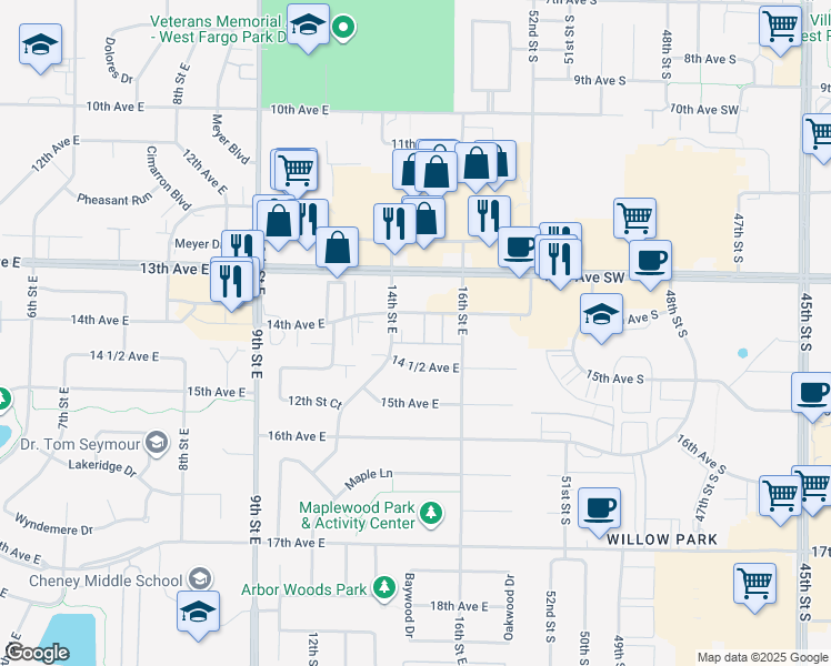 map of restaurants, bars, coffee shops, grocery stores, and more near 1402 14 1/2 Avenue East in West Fargo
