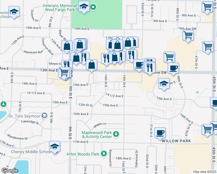 map of restaurants, bars, coffee shops, grocery stores, and more near 1402 14 1/2 Avenue East in West Fargo