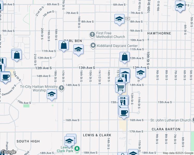 map of restaurants, bars, coffee shops, grocery stores, and more near 1342 15th Street South in Fargo