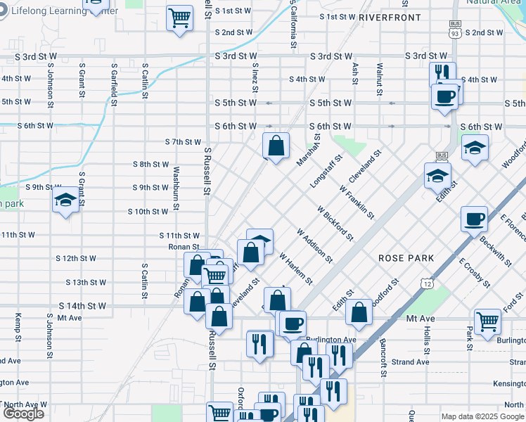 map of restaurants, bars, coffee shops, grocery stores, and more near 923 Longstaff Street in Missoula