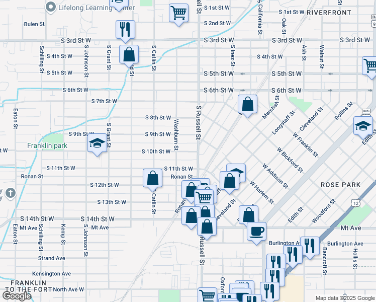 map of restaurants, bars, coffee shops, grocery stores, and more near 634 Marshall Street in Missoula