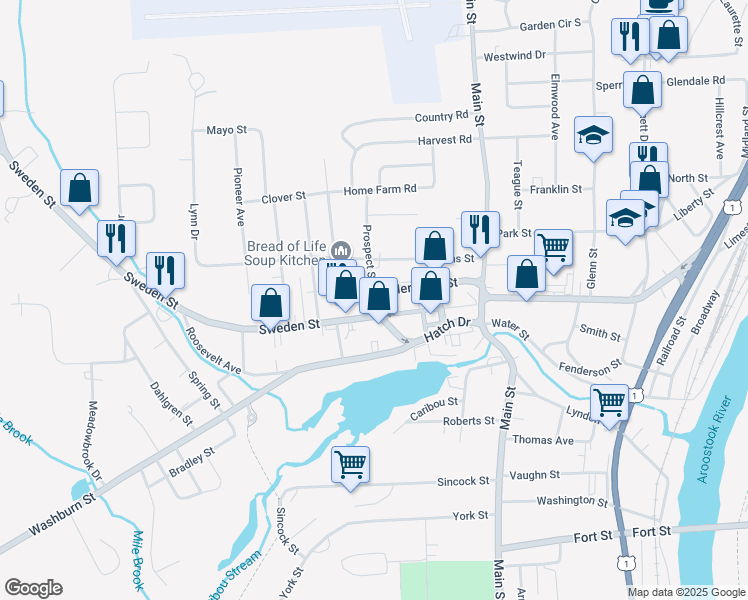 map of restaurants, bars, coffee shops, grocery stores, and more near 8 Prospect Street in Caribou