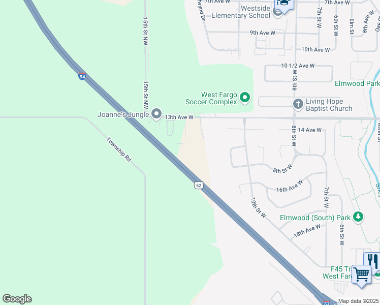 map of restaurants, bars, coffee shops, grocery stores, and more near 1402 13th Avenue South in Fargo