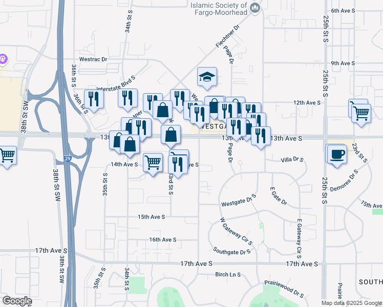 map of restaurants, bars, coffee shops, grocery stores, and more near 3201-3299 14th Avenue South in Fargo