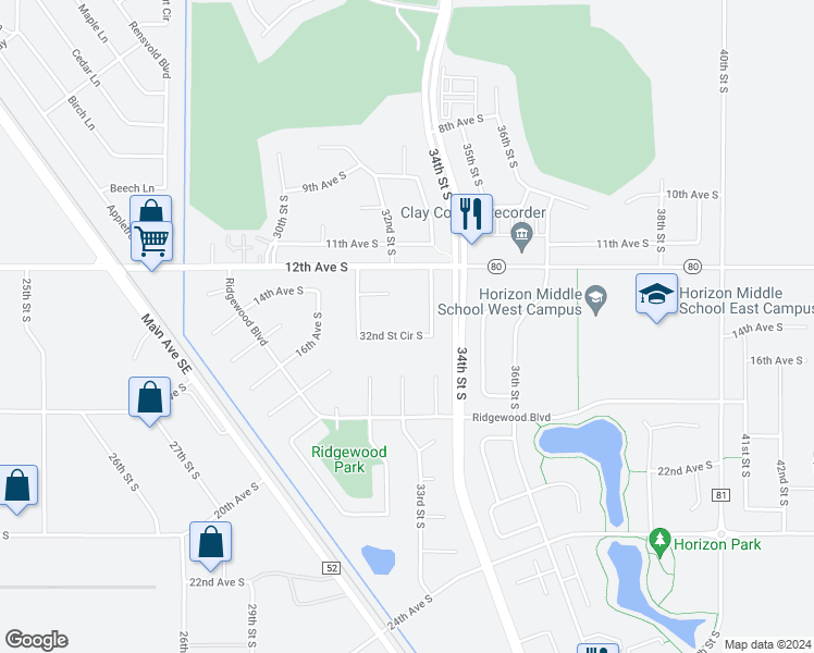 map of restaurants, bars, coffee shops, grocery stores, and more near 1336 32nd Street Circle South in Moorhead