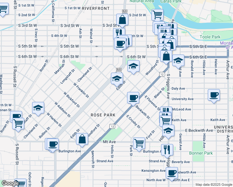 map of restaurants, bars, coffee shops, grocery stores, and more near 512 Edith Street in Missoula