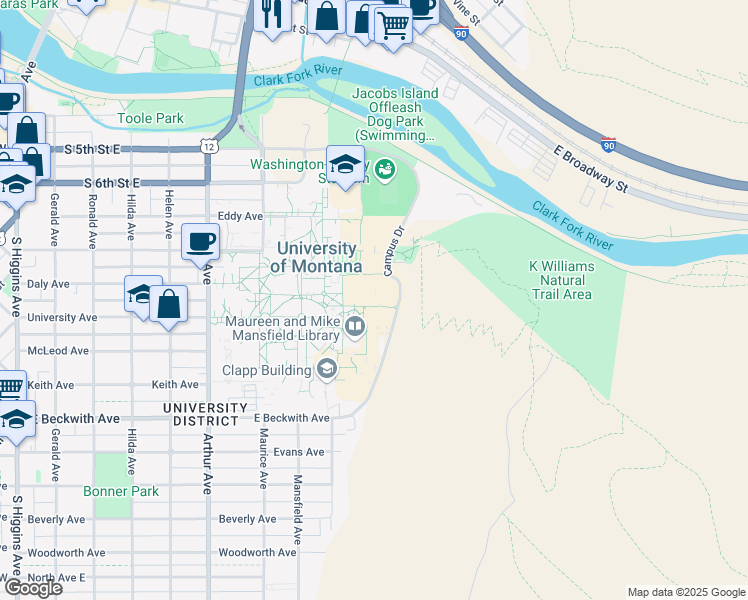 map of restaurants, bars, coffee shops, grocery stores, and more near 32 Campus Drive in Missoula