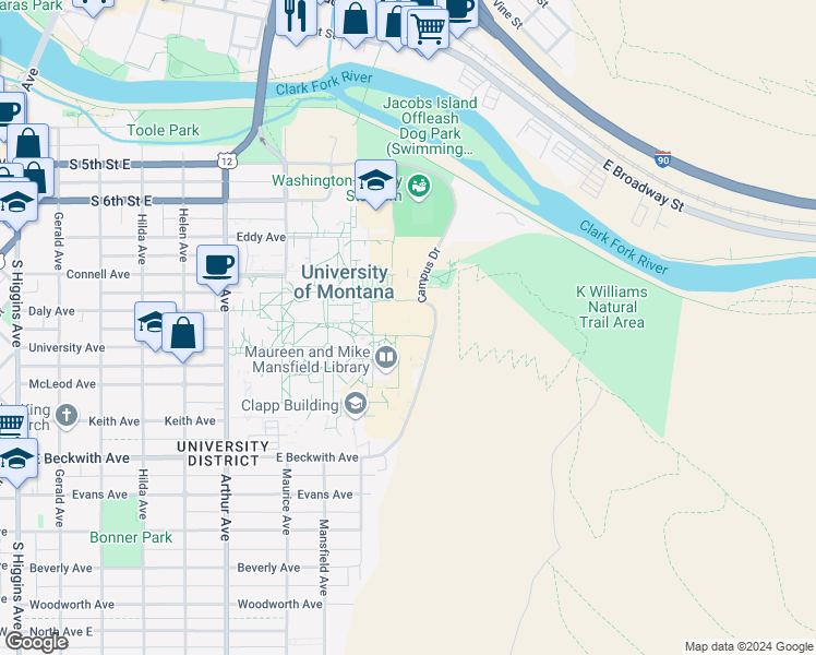 map of restaurants, bars, coffee shops, grocery stores, and more near 790 East Beckwith Avenue in Missoula