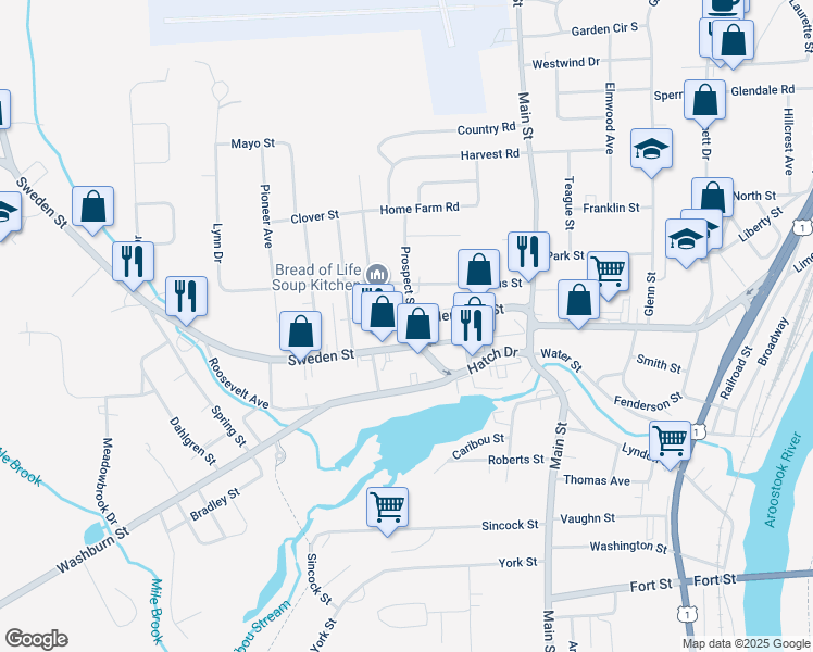 map of restaurants, bars, coffee shops, grocery stores, and more near 8 Prospect Street in Caribou