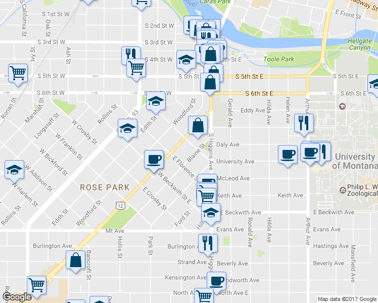 map of restaurants, bars, coffee shops, grocery stores, and more near 315 Blaine Street in Missoula