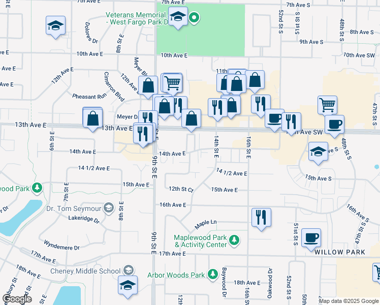 map of restaurants, bars, coffee shops, grocery stores, and more near 1329 12th Street East in West Fargo