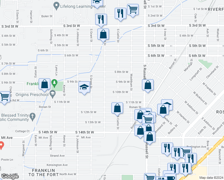 map of restaurants, bars, coffee shops, grocery stores, and more near 1736 South 10th Street West in Missoula