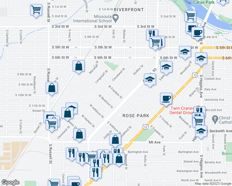 map of restaurants, bars, coffee shops, grocery stores, and more near Rollins St & W Franklin St in Missoula