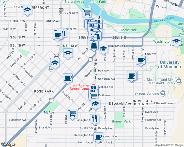 map of restaurants, bars, coffee shops, grocery stores, and more near 315 Plymouth Street in Missoula