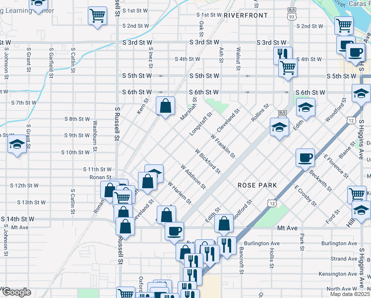 map of restaurants, bars, coffee shops, grocery stores, and more near 818 Cleveland St in Missoula