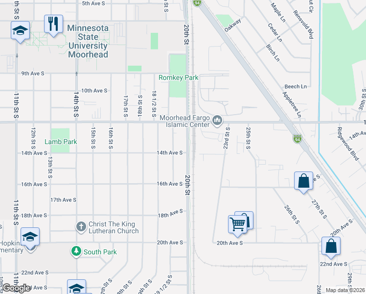 map of restaurants, bars, coffee shops, grocery stores, and more near 1915 14th Avenue South in Moorhead
